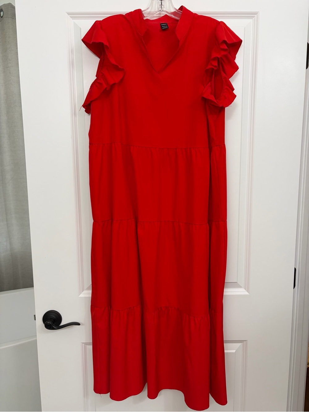 SHEIN Red Tiered Midi Dress with Ruffle Sleeves